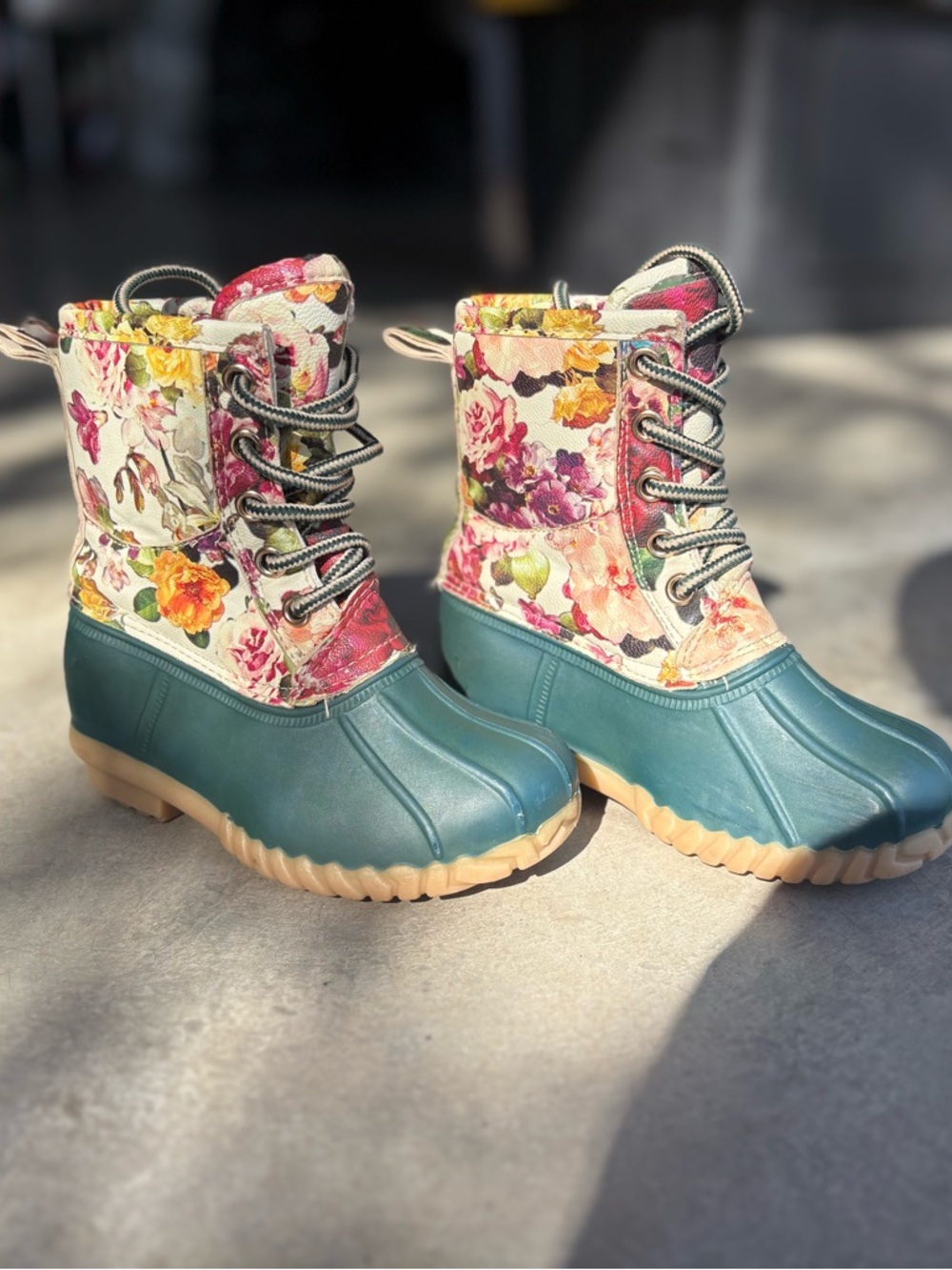 Floral Duck Boots. Lace up. Waterproof. Size 10C.